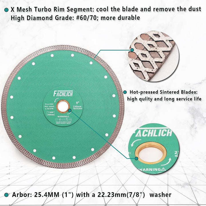 FACHLICH Diamant Trennscheibe 230MM Turbo Mesh Diamantklinge mit X Felgensegment für Hart Keramik Po