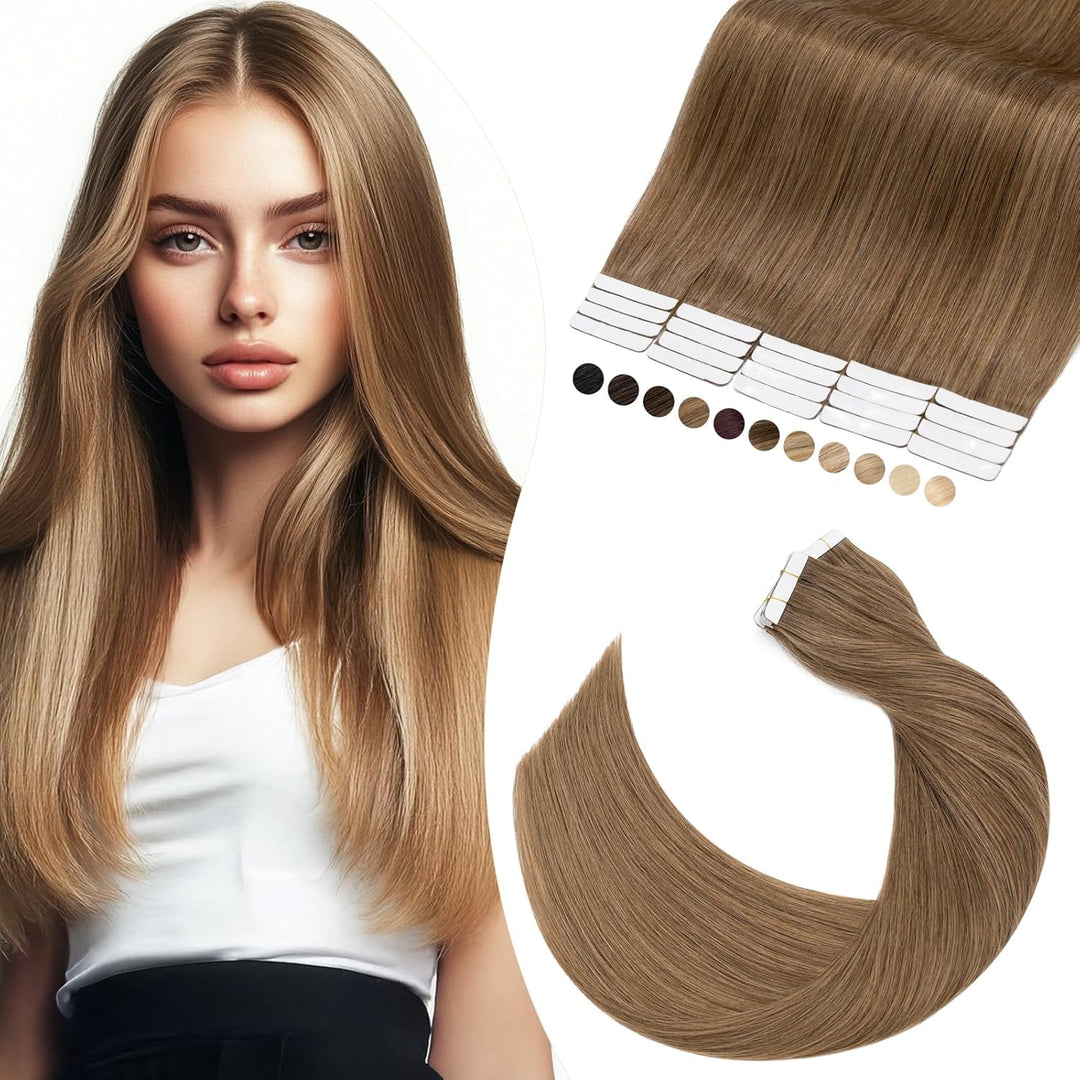 Elailite Echthaar Extensions Tape in #6 Mittelbraun 20 stück Invisible Kleber Haarverlängerung Klebe