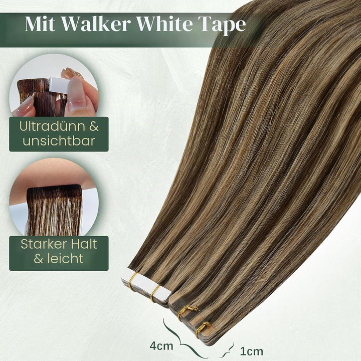 Ugeat 55cm Tape in Extensions Echthaar Gesträhnt Dunkelbraun mit Karamell P4/27 Extension Echthaar T