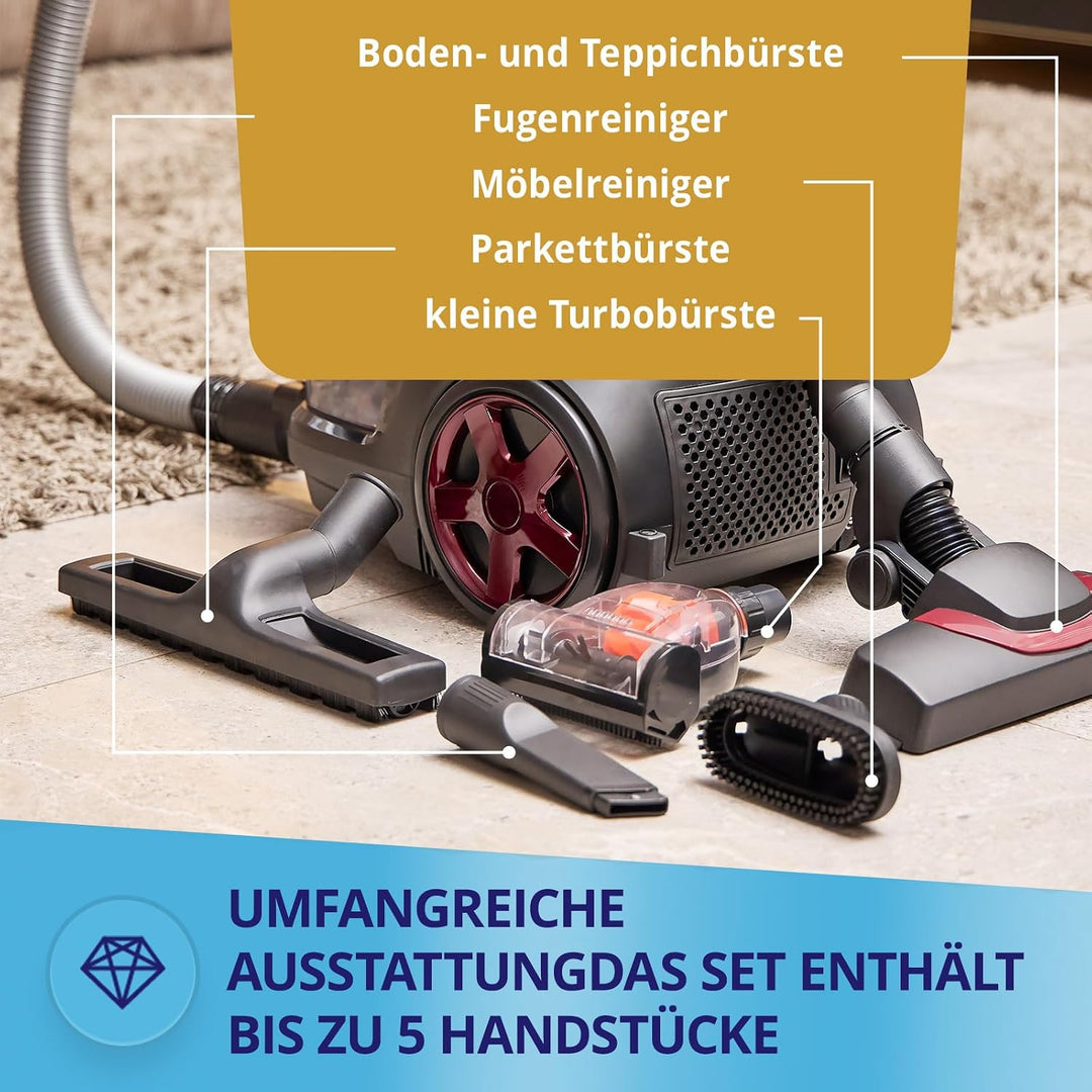 MPM – Beutelloser Staubsauger – 2,5-Liter-Behälter – HEPA-Filter – mit Aufsätzen/Zubehör und Telesko