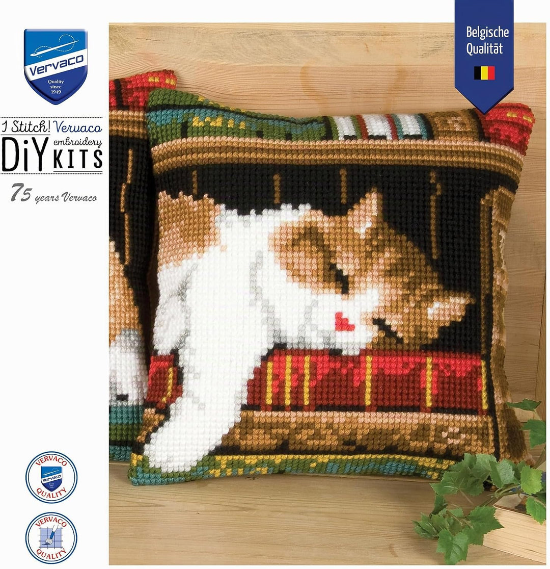 Vervaco Schlafende Katze Kreuzstichkissen/Stickkissen vorgedruckt, Baumwolle, Mehrfarbig, 40 x 40 x