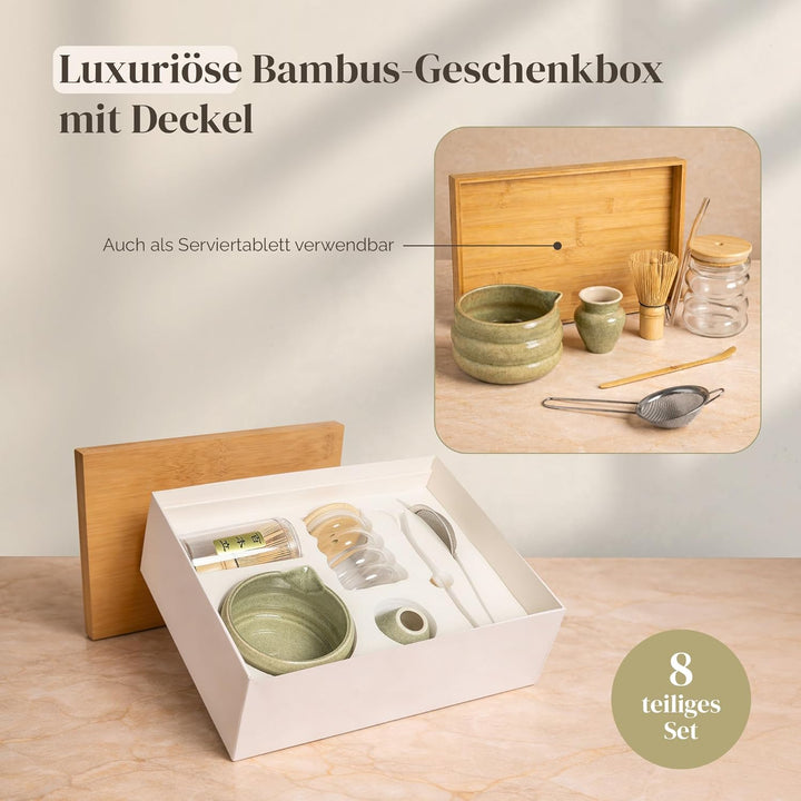 Matcha Set 8-teilig, Matcha Tee Set mit Matcha Schale mit Ausguss, Bambusbesen (Chasen), To Go Glas