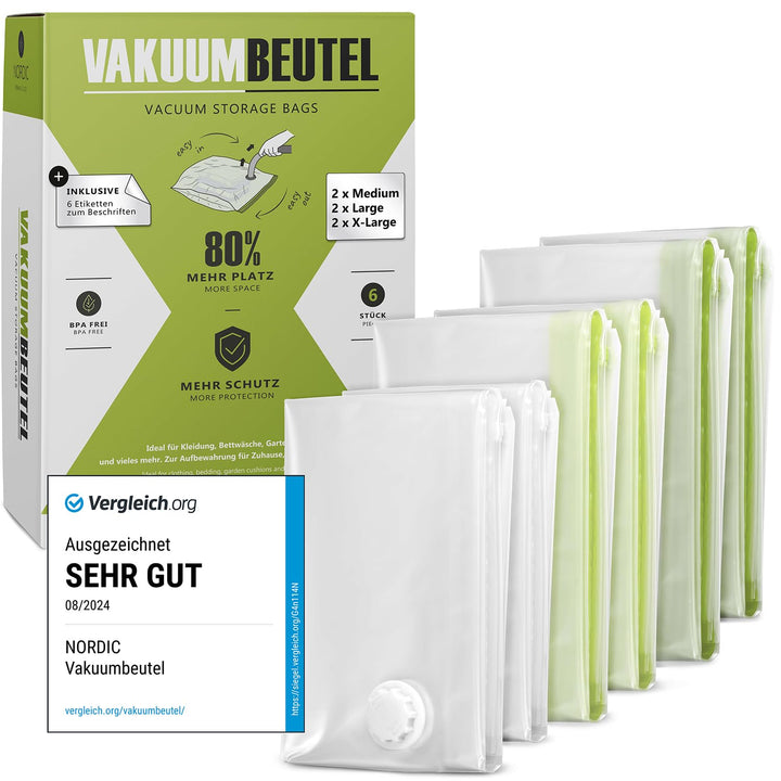 NORDIC® Vakuumbeutel 6 Stück (2M + 2L + 2XL) – BPA Frei INKL. ETIKETTEN - Vakuumbeutel für Kleidung,