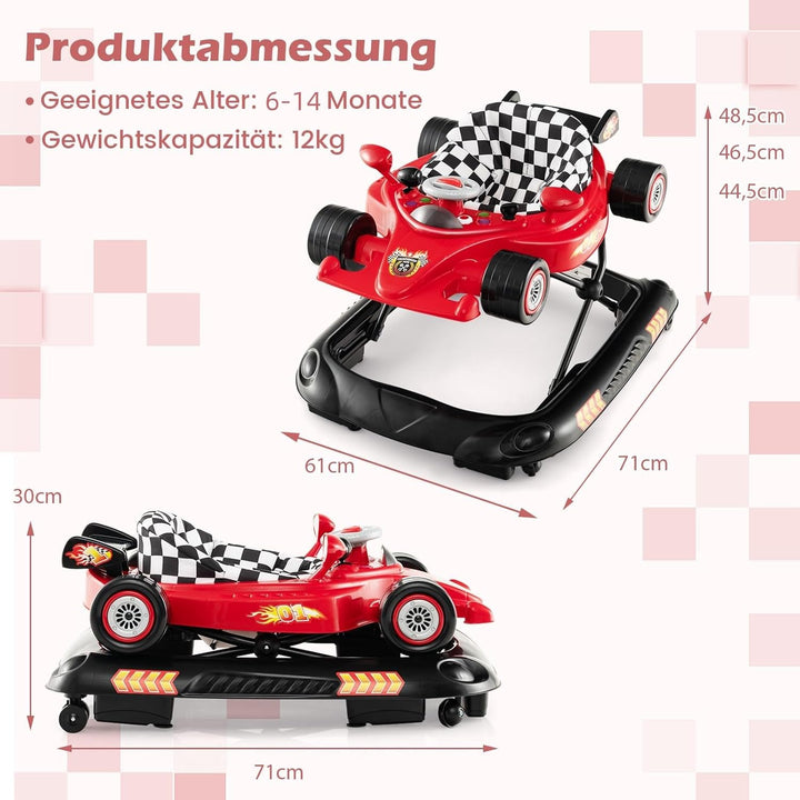 DREAMADE Lauflernwagen Klappbar, Rennauto-Motiv Lauflernhilfe mit 3 Einstellbaren Höhen, Abnehmbarem
