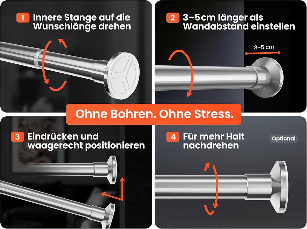 MEISENBERG Vorhangstange ohne Bohren 50-80cm Ø25mm - Gardinenstange zum Klemmen - Edelstahl - Spanns