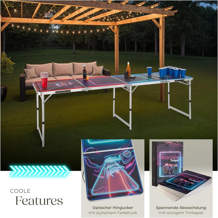 tectake® Bierpong Tisch mit Party Deko LED Beleuchtung, Tisch höhenverstellbar, Klapptisch, Set mit