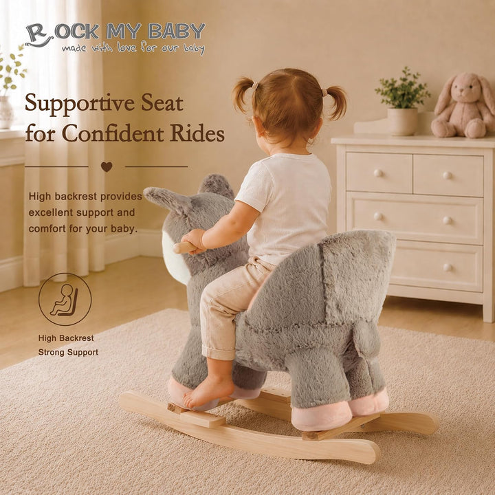 Plüsch Rocking Horse - weicher gefüllter Körper, Sicherheitssitz Stuhl, Holz Rockers, Musikknopf - K