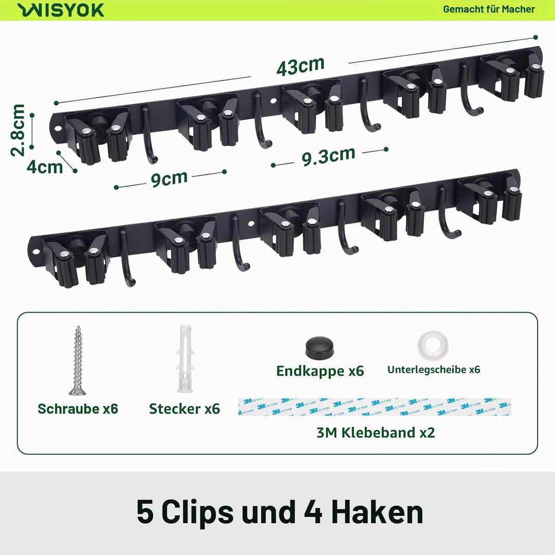 WISYOK Besenhalterung Wand 2pcs, 10 Halter + 8 Haken Schwerlast Gerätehalter, Edelstahl Gartengeräte
