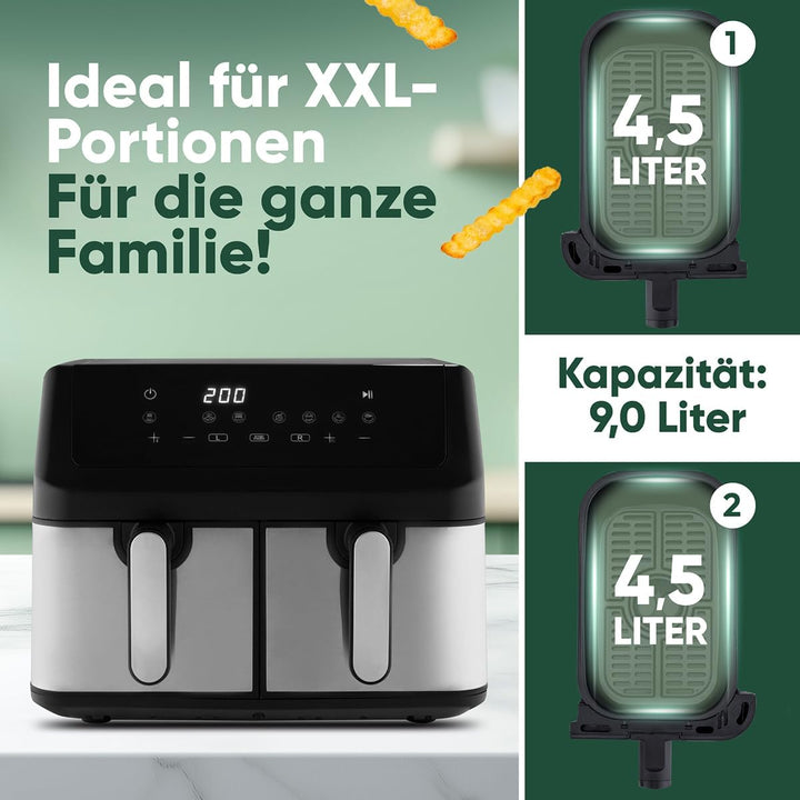 ProfiCook® Heissluftfritteuse 2 Kammern | Airfryer | 9 Liter | Heissluftfritteuse mit Zeitgleich-fer