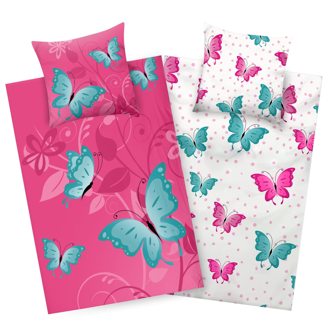 Aminata kids Bettwäsche 135x200 Schmetterlinge Kinder Mädchen Baumwolle Schmetterling rosa pink | YK