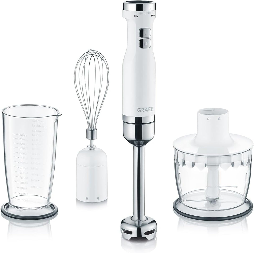 GRAEF Stabmixer HB501 Weiss – 800 Watt, stufenlose Regelung, Turbostufe, 4 Edelstahlklingen, Edelsta