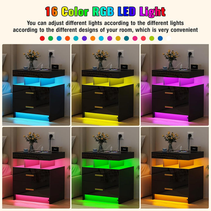 Nachttisch LED mit Steckdose(2 AC-Steckdosen & 2 USB-Anschlüsse), Nachtkommode mit 2 Schubladen und