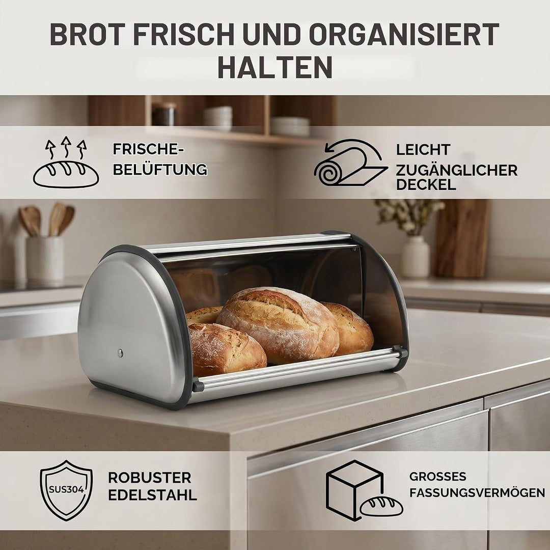 Brotkasten, Edelstahl Brotbox mit frontklappe Brotbehälter Rollbrotkasten Brotkastenhalterung Brotau