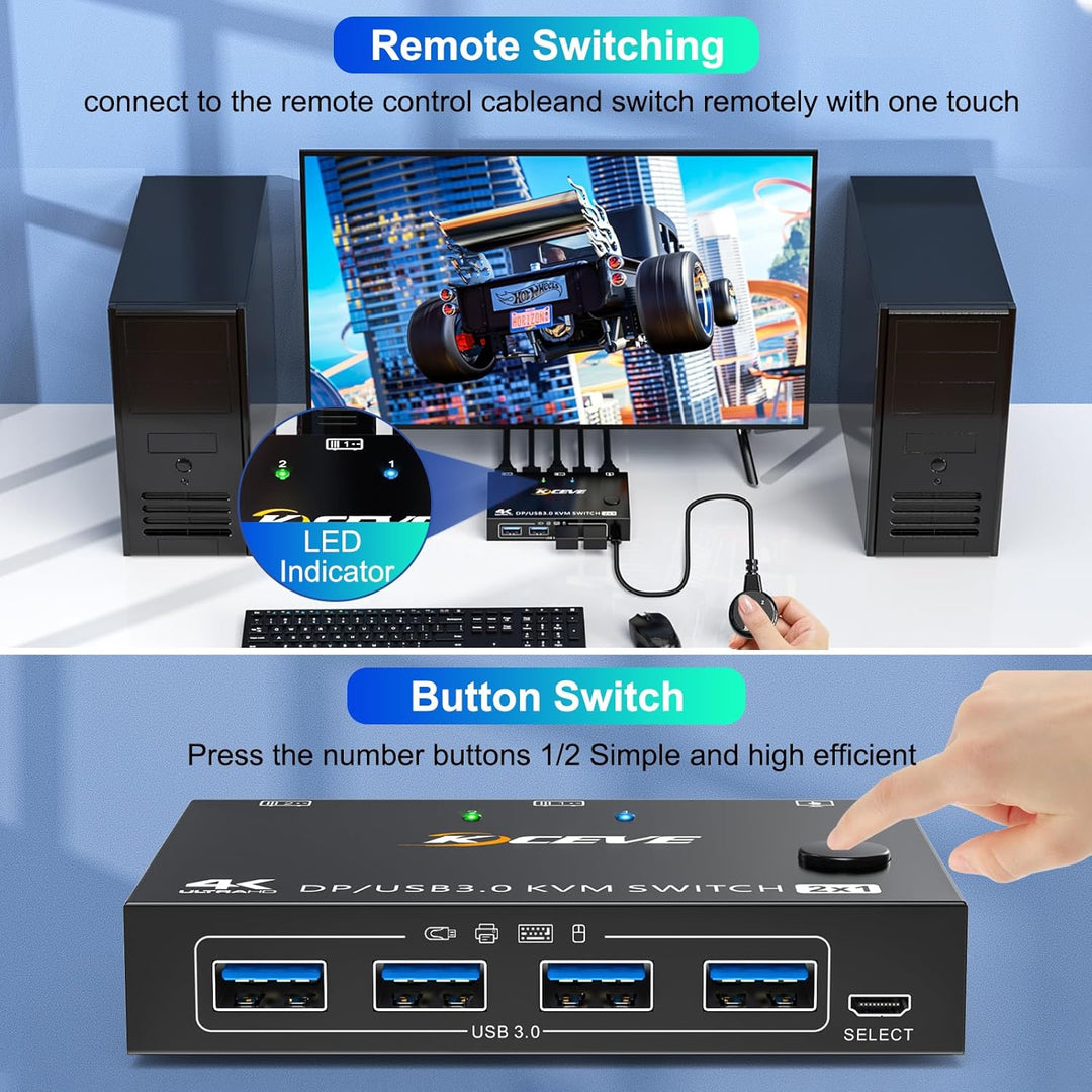 8K USB 3.0 KVM Switch Displayport 2 Ports 8K@30Hz 4K@120Hz,KVM Switch 2 PC 1 Monitore Support DP1.4