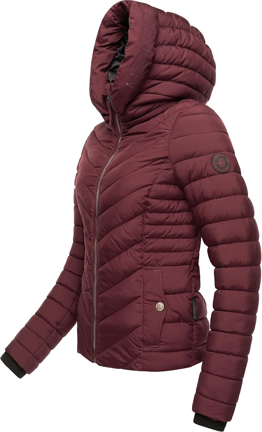 MARIKOO Damen Übergangsjacke leichte Steppjacke kurz mit Abnehmbarer Kapuze Kagomee XS-XXL S Wine, S