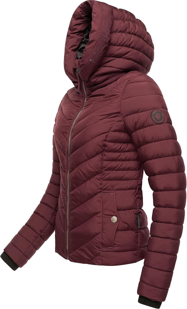 MARIKOO Damen Übergangsjacke leichte Steppjacke kurz mit Abnehmbarer Kapuze Kagomee XS-XXL XL Wine,
