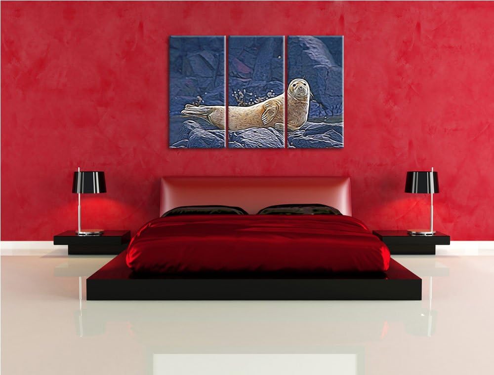 Robbe entspannt auf Felsen NewArt 3-Teiler Leinwandbild 120x80 Bild auf Leinwand, XXL riesige Bilder