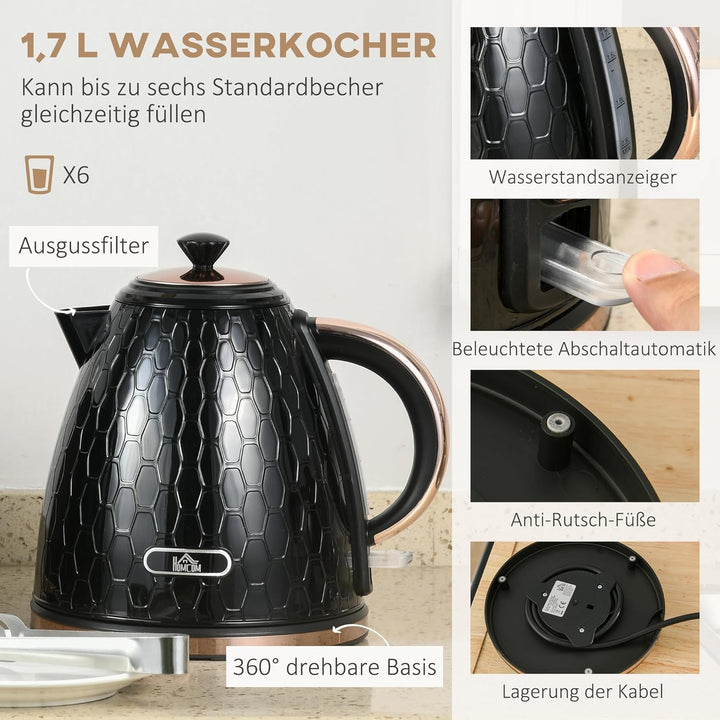 HOMCOM Wasserkocher Toaster Set 2200 W 1,7 Liter Wasserkocher Doppelschlitz Toaster Frühstücksset mi