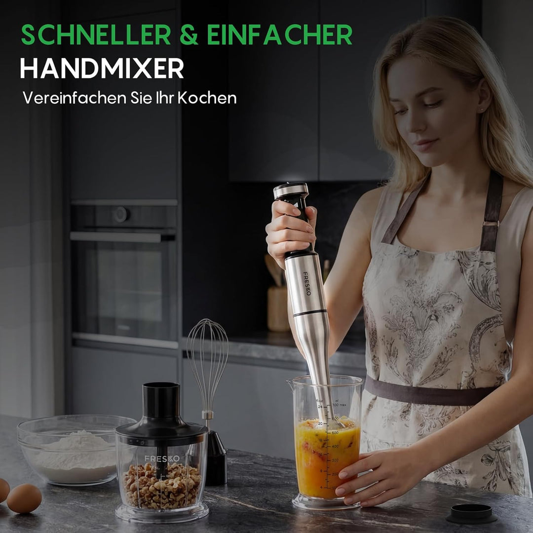 FRESKO Stabmixer 1000W, Stufenlose Geschwindigkeitsregelung, Pürierstab aus Edelstahl inkl. Schneebe