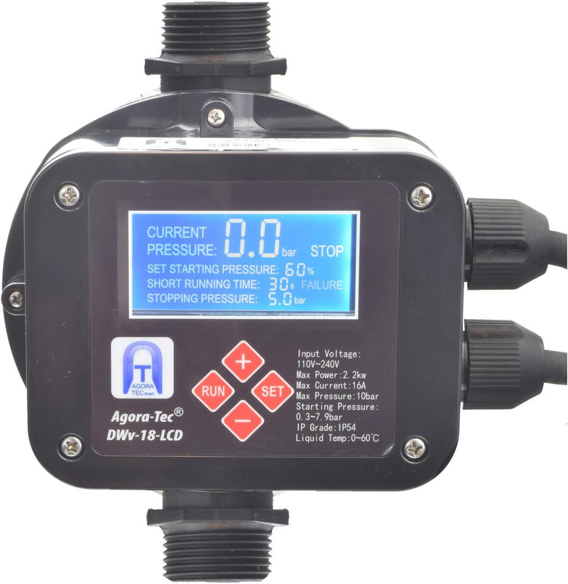 Agora-Tec® Pumpensteuerung Druckschalter Durchflusswächter DWv-18-LCD verkabelt (Ein- und Abschaltdr