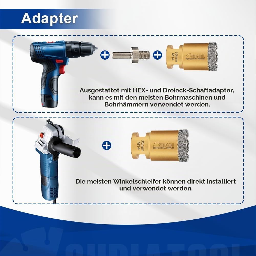 SHDIATOOL Diamantbohrer M14 Gewinde 6/8/10/25/40/50/68/110/50mm Diamant-Fasenbohrer/20mm Fingerbohre
