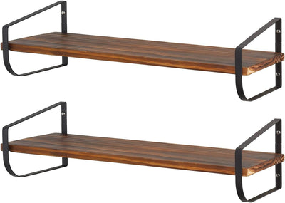 mDesign modernes Wandregal – langes Holzregal mit rostbeständigen Metallhalterungen – Hängeregal für