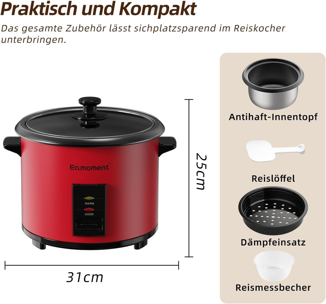 Eamoment ERC-10CRD1.8L | 700W Reiskocher & Schwarzer Dampfgarer Reiskochfunktionen,kochen 1-10 Perso