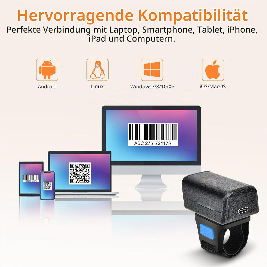 JRHC 1D 2D Bluetooth tragbarer Ring Barcode Scanner, tragbarer Mini Barcode-Barcode-Leser mit 2,4-GH