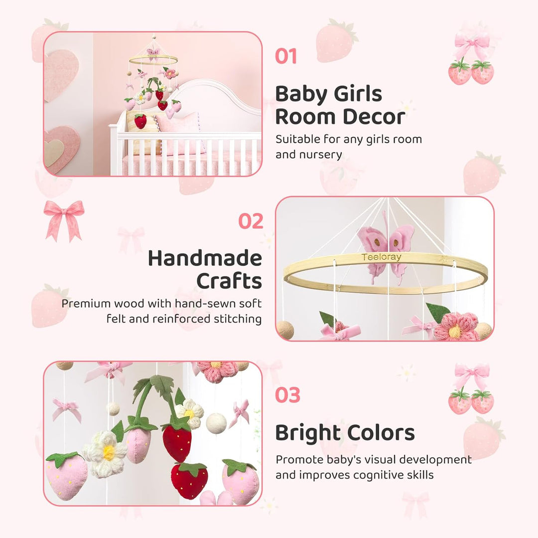 Mobile Baby mit Erdbeere, Blumen und Filzbällen Mädchen baby mobile windspiel für Babybett, Mobile B