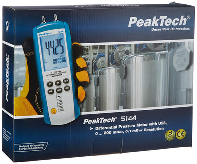 PeakTech 5144 – Digitales Manometermit Messbereich bis max. 200 mBar, Differenzdruck-Messgerät mit U