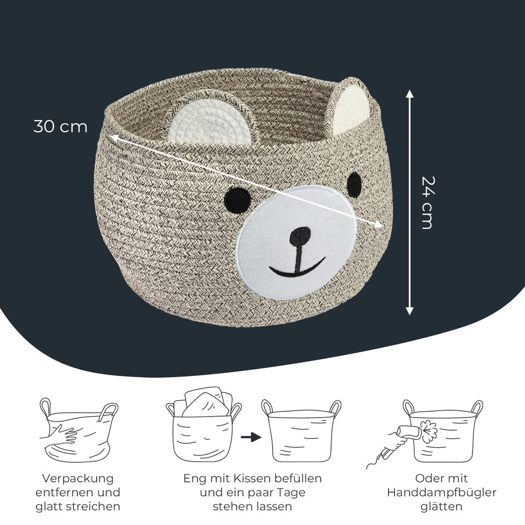 HMF Aufbewahrungskorb mit versteckten Griffen, Korb für Kinderzimmer aus Baumwolle | Bär | 30 x 24 c