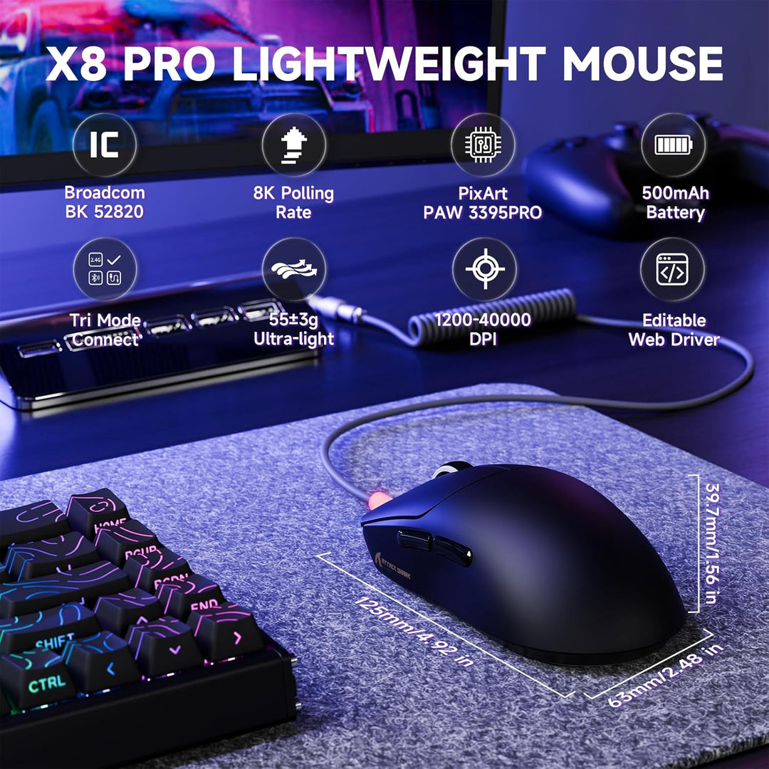 ATTACK SHARK X8PRO 55g ultraleichte Kabellose Gaming-Maus mit Spiralkabel, Mittelgrosse/Grosse Hände