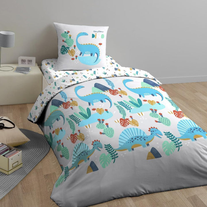 CÔTE DECO Wendebettwäsche für Kinder, Motiv: Dinosaurier, Grün, Bettbezug 140 x 200 cm + 1 Kissenbez
