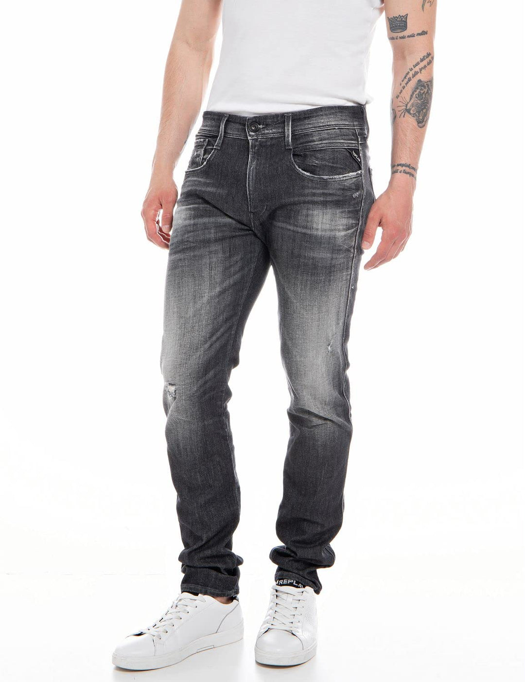 Replay Herren Jeans Anbass Slim-Fit Aged mit Power Stretch, 097 Dark Grey