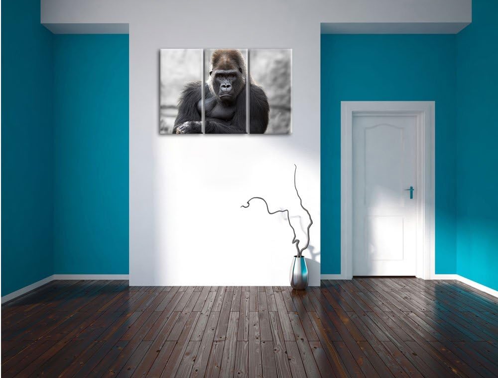 Pixxprint gelangweilter Gorilla als Leinwandbild/Grösse: 3 Teilig (120x80) cm/Wandbild/Kunstdruck/fe