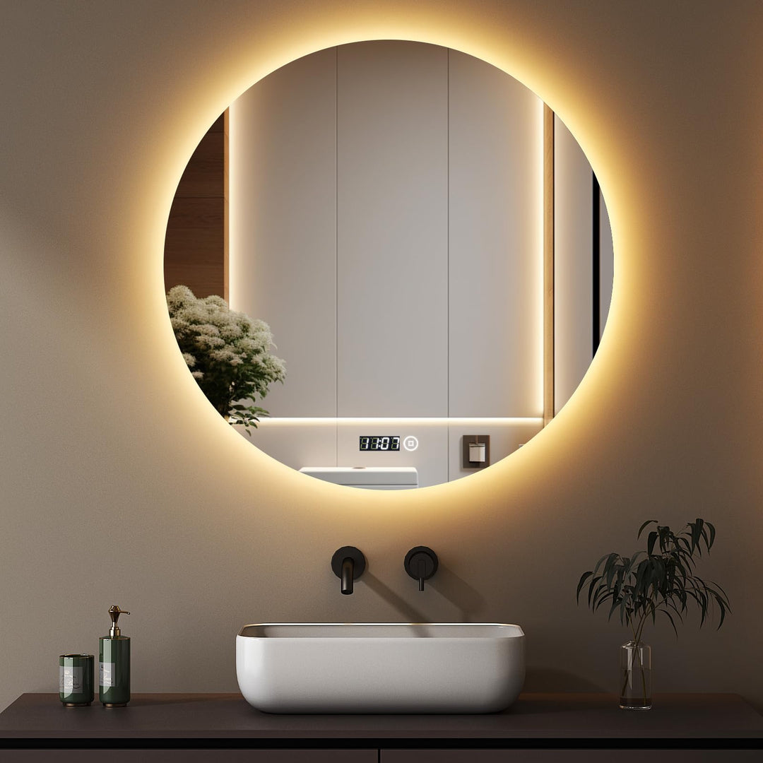 Boromal LED Badspiegel Rund mit Beleuchtung und Uhr Badspiegel 70x70cm Runder Spiegel 3000K-6500K 20