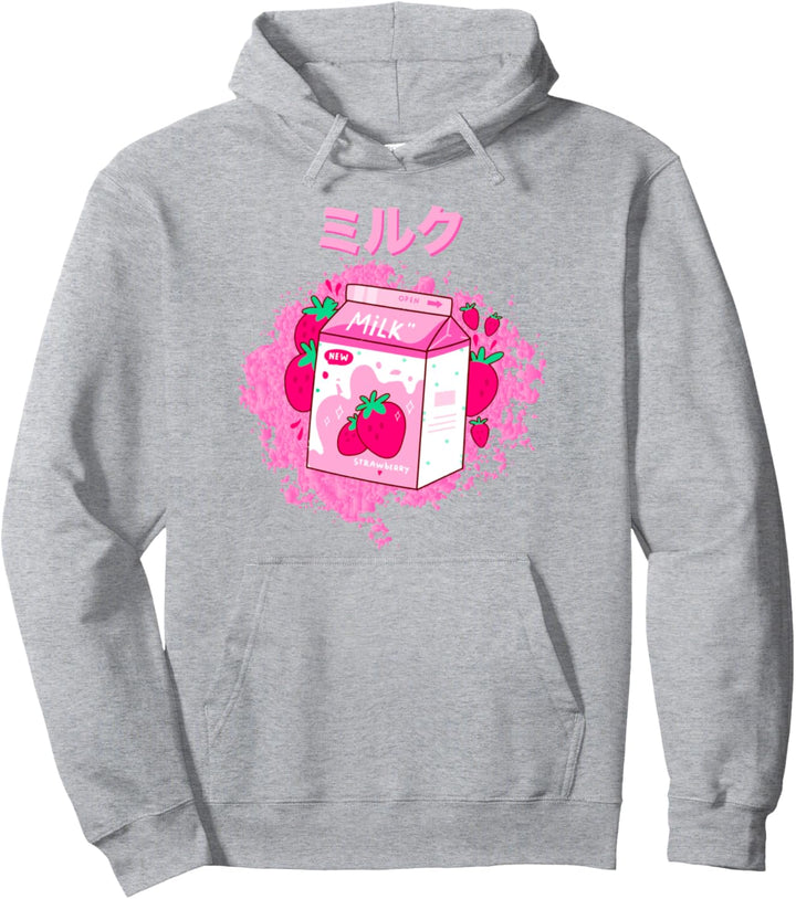 Funny Retro 90s Japanese Kawaii Strawberry Milk Shake Carton Pullover Hoodie