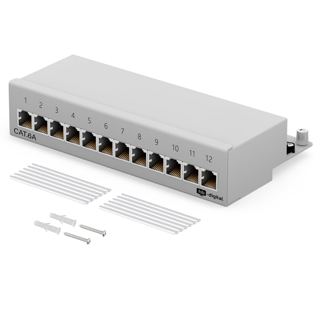 HB-DIGITAL 12-Port Cat 6a LSA Patchpanel, Patchfeld, geschirmt, Weiss Verteilerfeld Cat.6a (500 MHz)