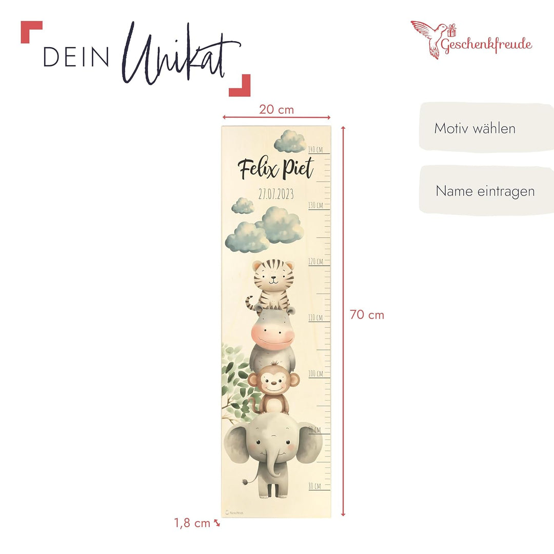 Geschenkfreude Messlatte Kinder personalisert 80-140cm - mit Tieren als Dekoration fürs Kinderzimmer