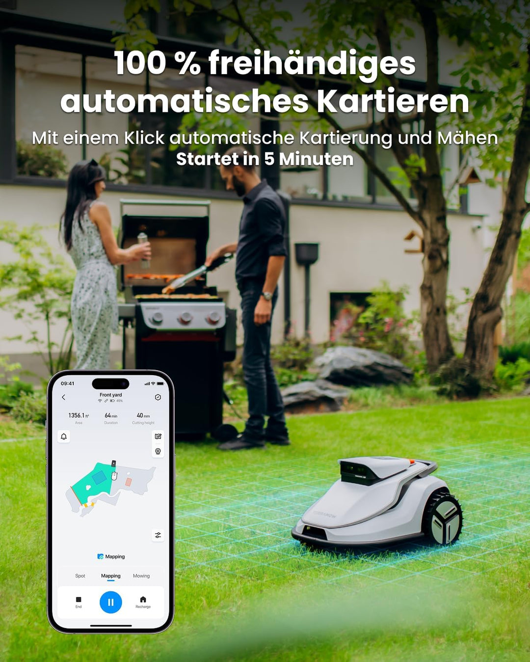 TerraMow V600 Mähroboter ohne Begrenzungskabel mit Garage, Tri-AI Vision-Technologie ohne Kabel-/RTK