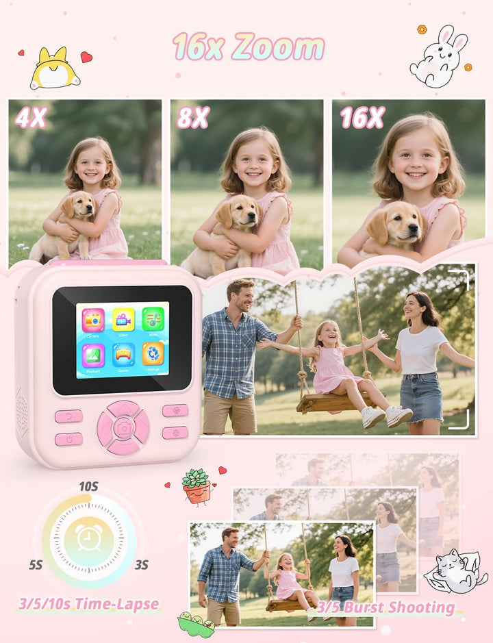 YOHOOLYO Sofortbildkamera Kinder 2,4 Zoll 1080P HD Kinderkamera mit 3 Rollen Druckpapier 32GB Karte
