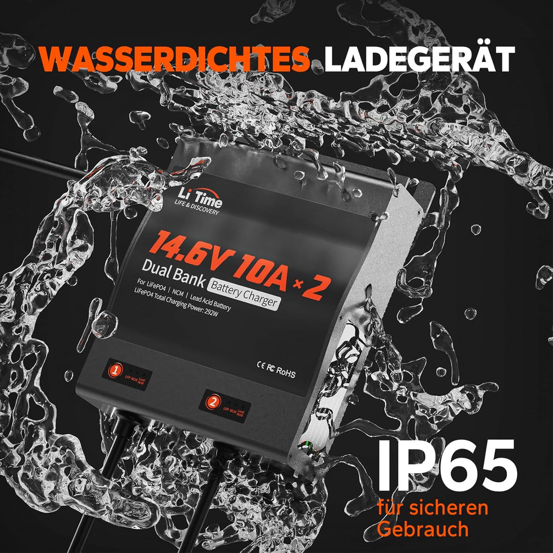 LiTime 2-Bank 14.6V 10A Batterieladegerät IP67 Wasserdicht 12V10A 2-Bank Wasserdicht, 12V10A 2-Bank