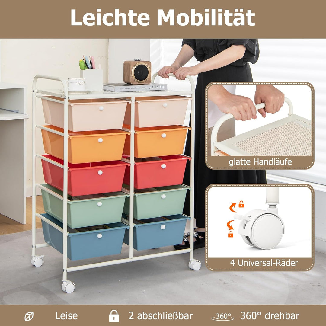 GOPLUS Rollwagen mit 10 Schubladen stapelbar, Rollcontainer mit Ablage & Metallgestell, Badregal, Au