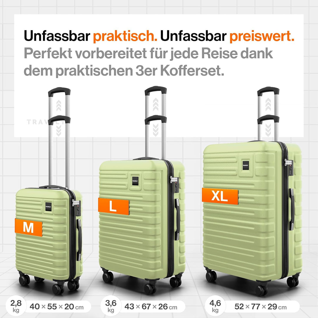 Travely Premium Koffer Set: 28", 24" & Handgepäck Koffer in einem Set. Mehr als 250L Volumen zusamme