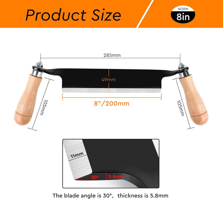 200mm Zugmesser für Holz, Gerade, Reifmesser mit Ergonomischen Holzgriffen und Klingenschutz, Rinden