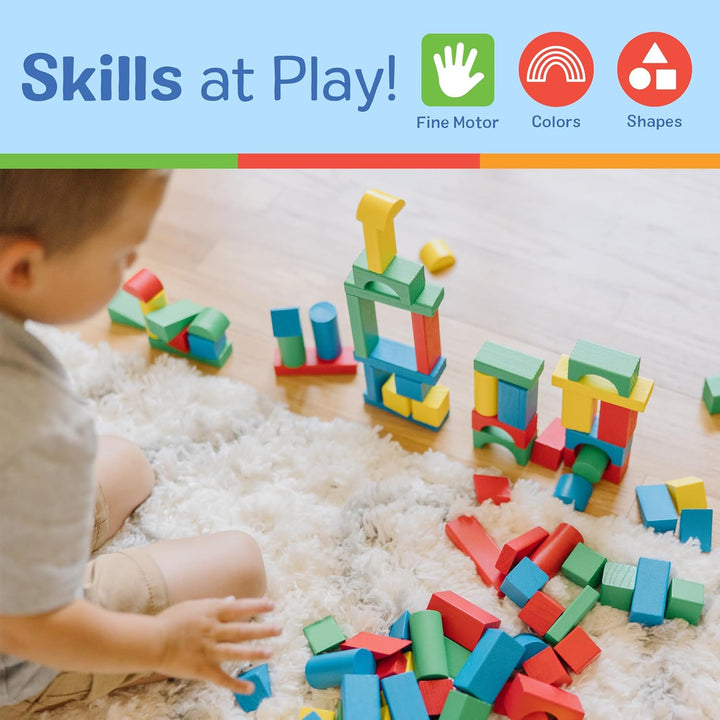 Melissa & Doug - Bauklötzchenset aus Holz (pädagogisches Spielzeug, 100 Blöcke in 4 Farben und 9 For