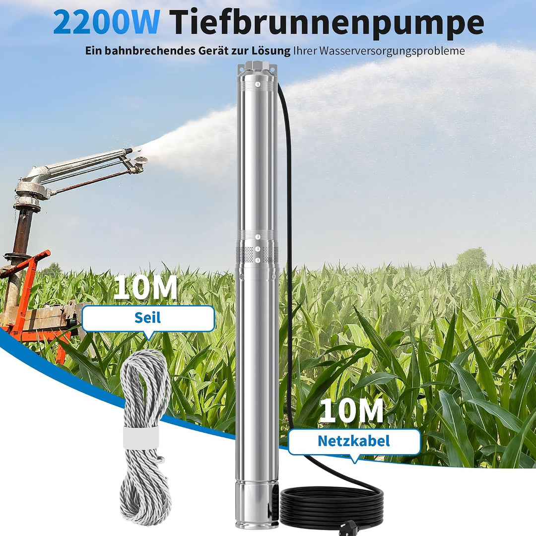 FOTING 2200 W Tiefbrunnenpumpe 3 HP Brunnenpumpe 163 L/min Tauchpumpe max. d10.2x13.72 cm, d10.2x13.
