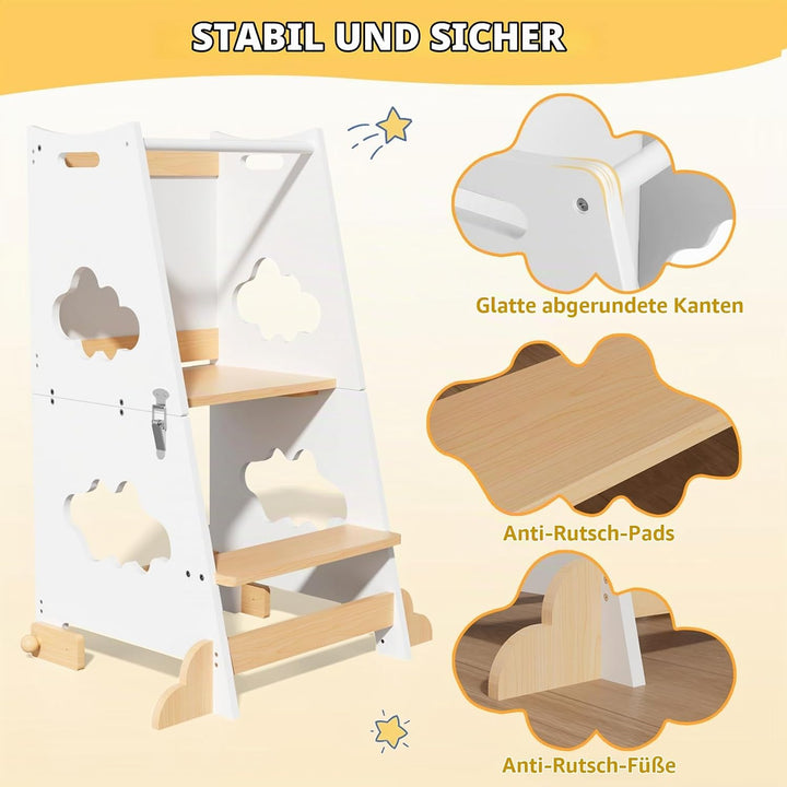 KIDINIX Lernturm ab 1 Jahr, 3 in 1 Montessori Learning Tower mit Sicherheitsgeländer und Tafel, Klap