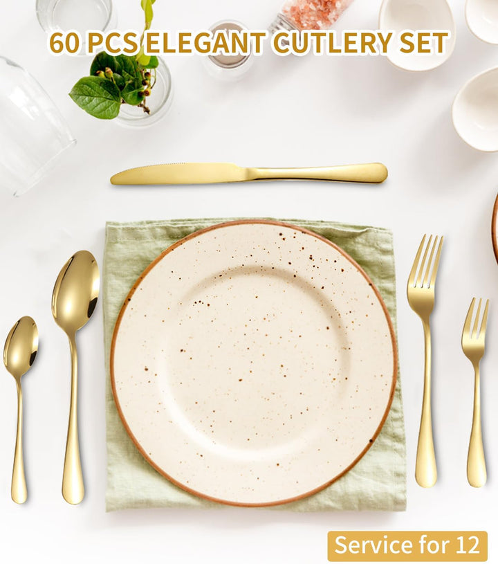 Besteck Set 12 Personen, 60 teilig Goldenes Edelstahl Bestecksets, Elegantes Essbesteck, Hochglanzpo