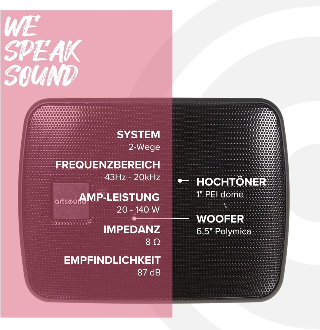 Artsound ASW65.2, 2er-Set wasserdichte Lautsprecher, 2-Wege-HiFi-Lautsprecher, 20-140 Watt, mit Wand